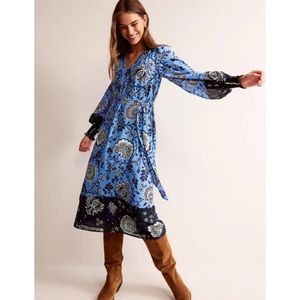 Boden Tie Waist Crinkle GGT Dress Marina, Gardenia Grove Long Sleeve Midi